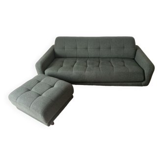 Green fabric sofa and its footrest/ottoman