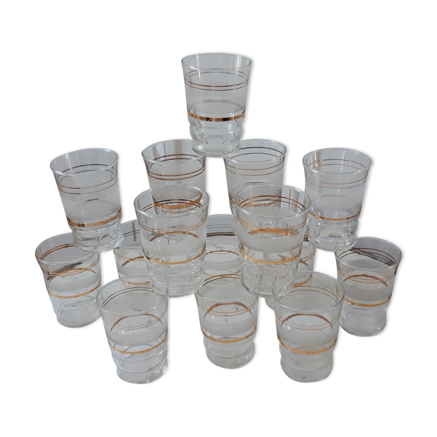 Set of 15 water glasses / granite cups with vintage border 50s