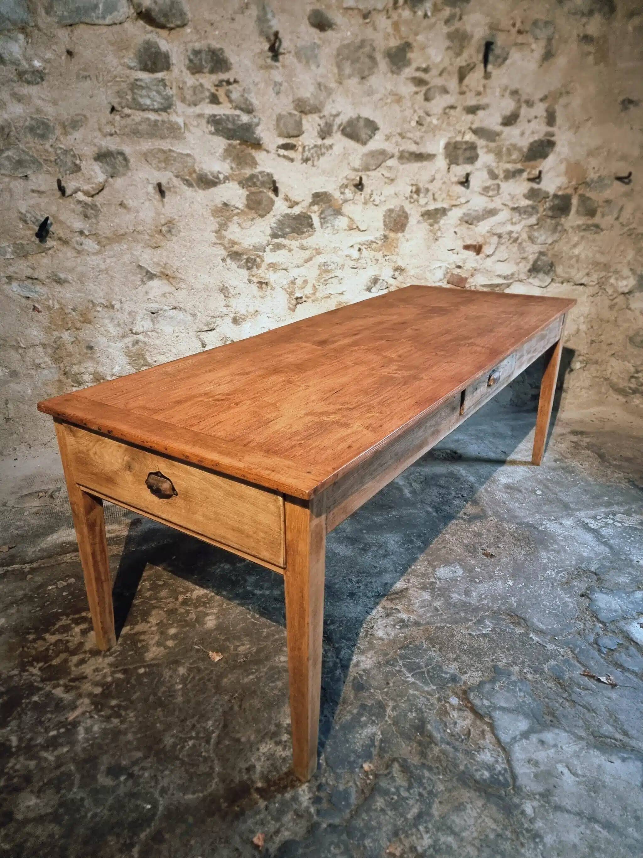 Antique French farmhouse dining table in oak and pine, circa 1900