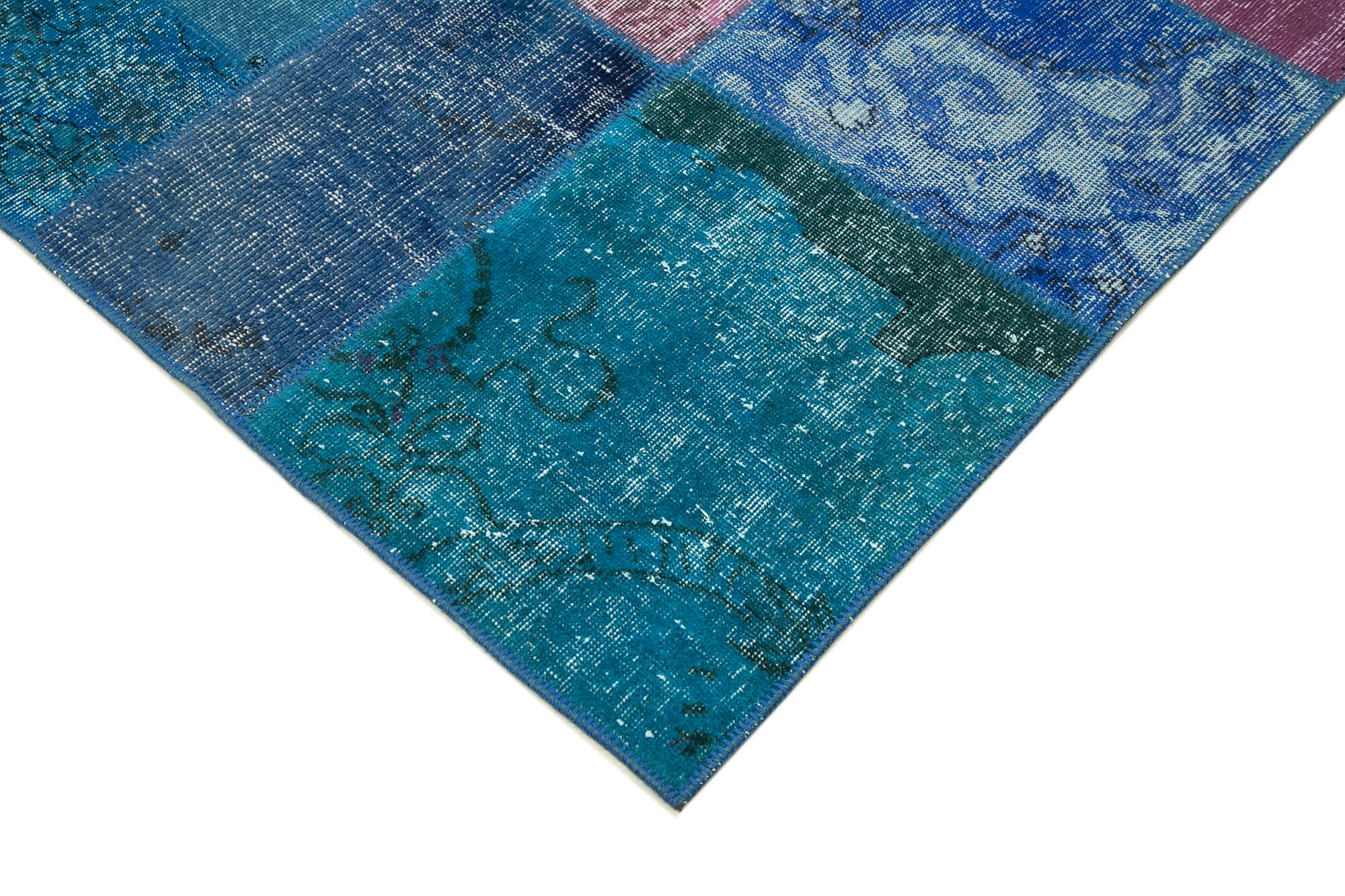 Handmade anatolian vintage 202 cm x 300 cm blue patchwork carpet