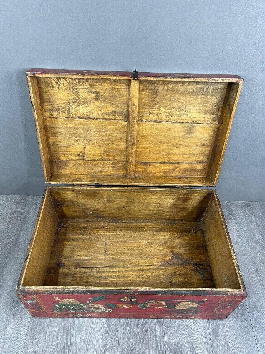 Antique Hand Painted Chest, Floral Decor on Red Background, 19th Century