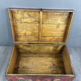 Antique Hand Painted Chest, Floral Decor on Red Background, 19th Century
