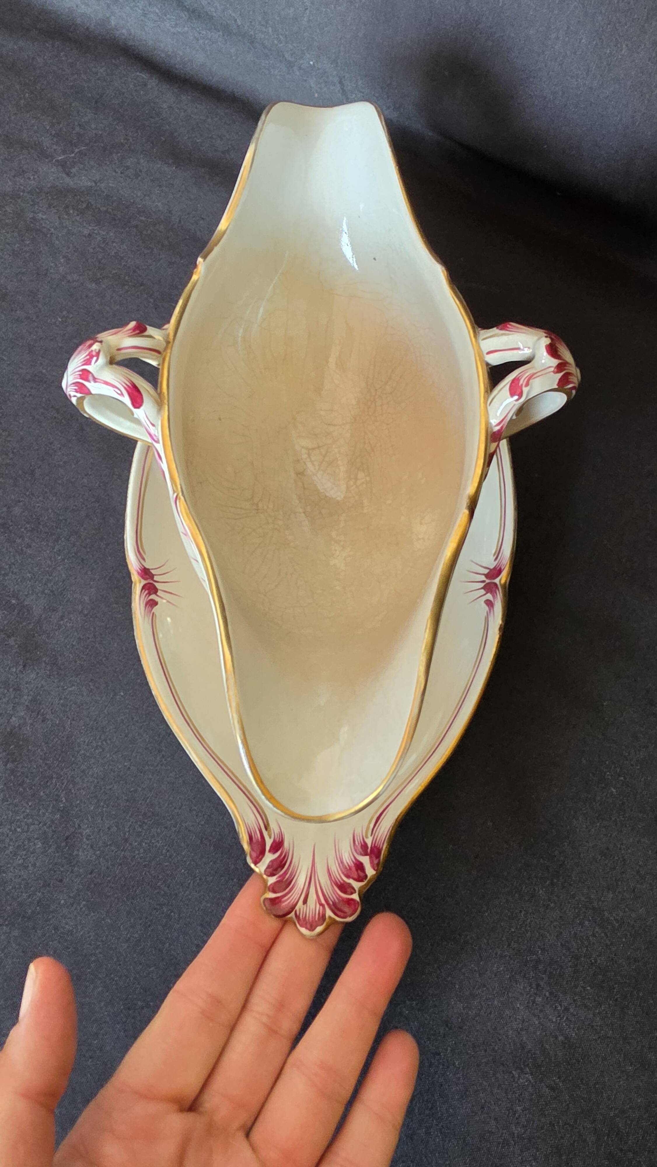 Antique sauce boat in fine earthenware from Sarreguemines, France, neo style.