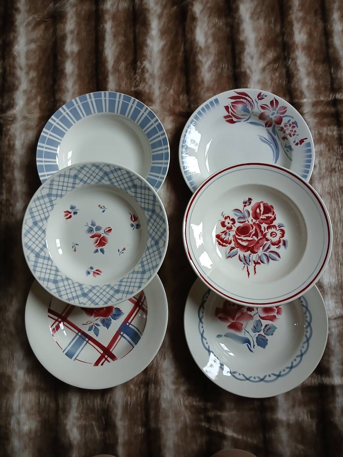 6 mismatched antique deep plates