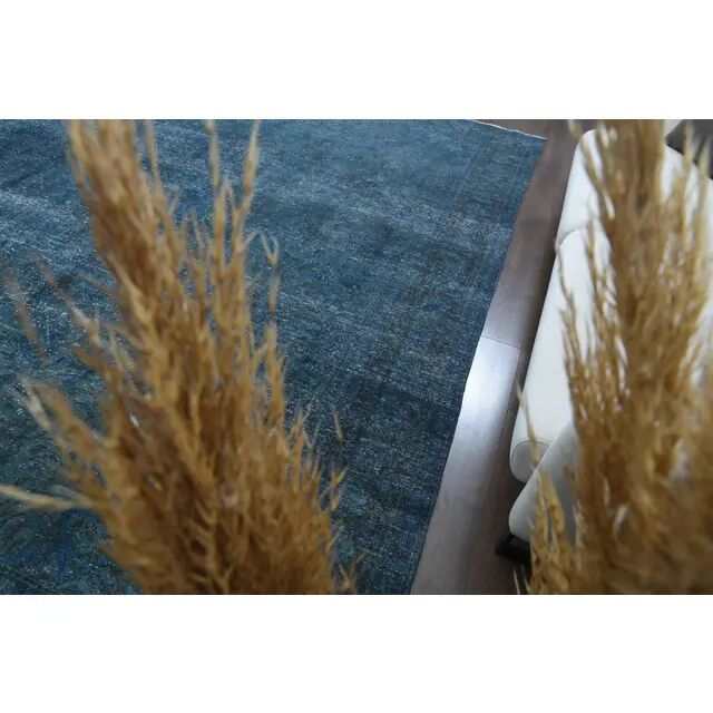 1970s Vintage Persian Handmade Wool Cotton Blue Area Rug 277x360