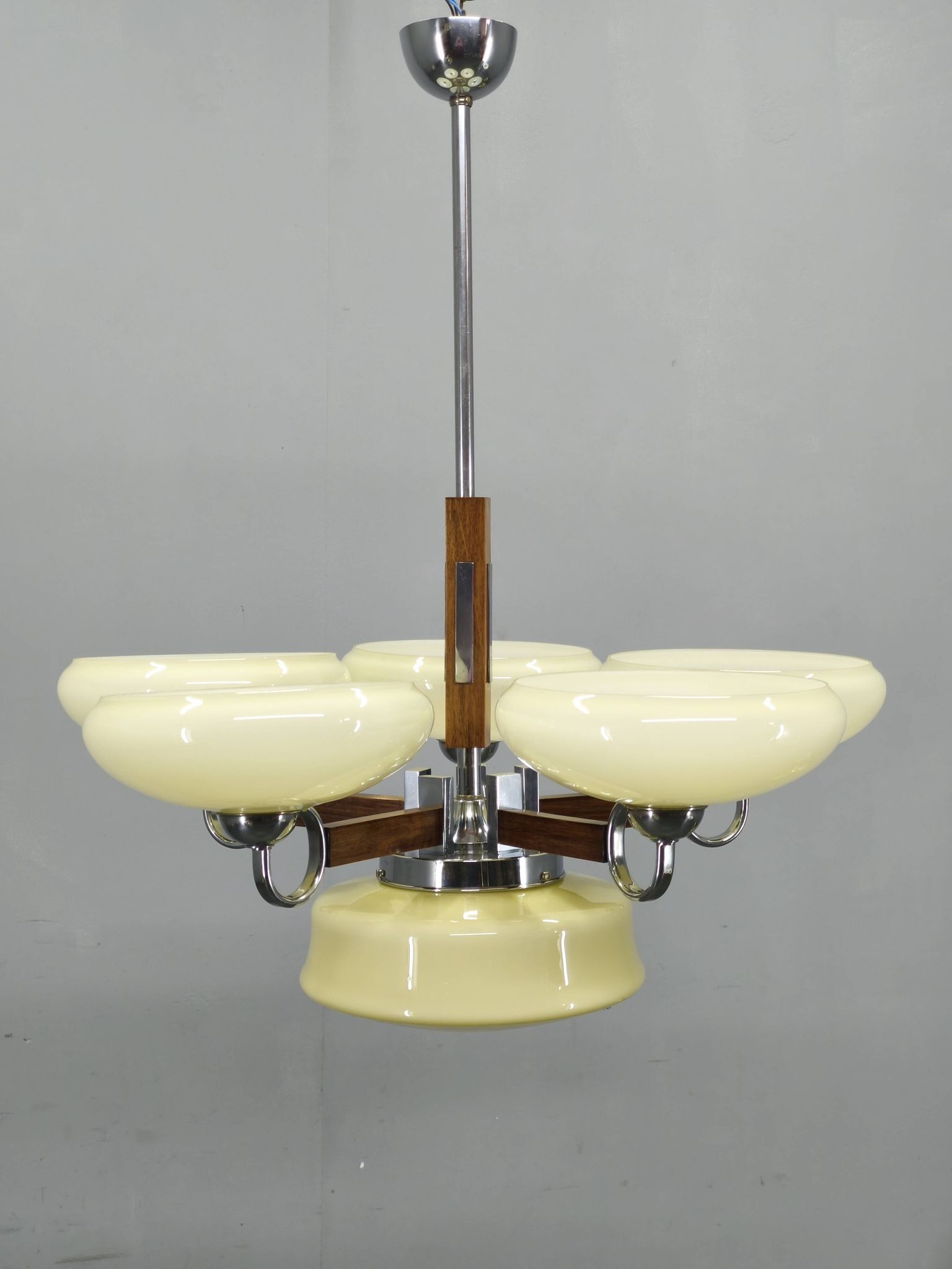 Art Deco Chrome and Walnut Chandelier, Czechoslovakia, 1930s
