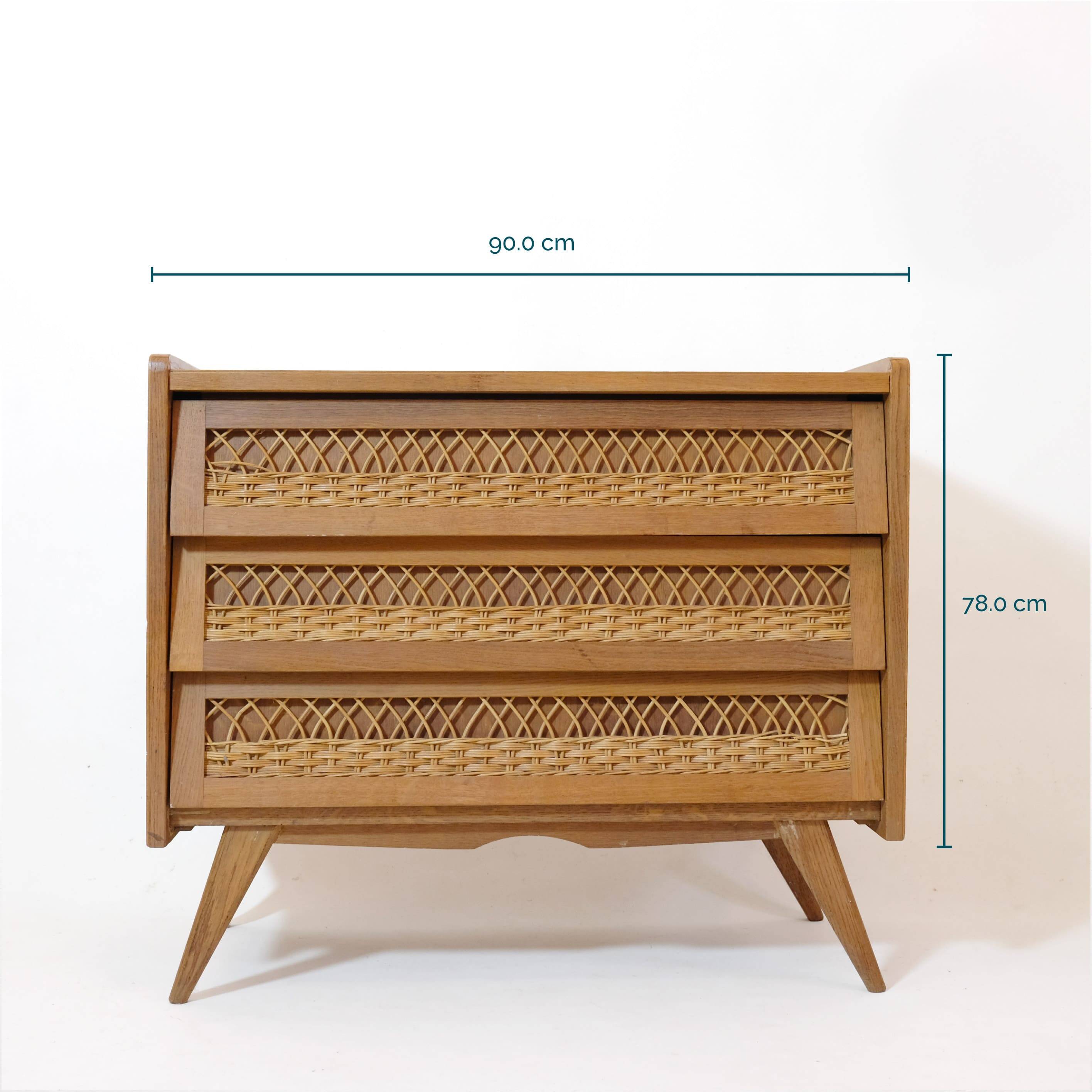 Wooden and rattan chest of drawers from the 60s.