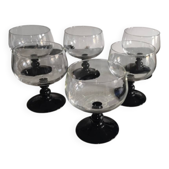 6 coupes vintage en verre, pied en opaline noire Luminarc, 1990