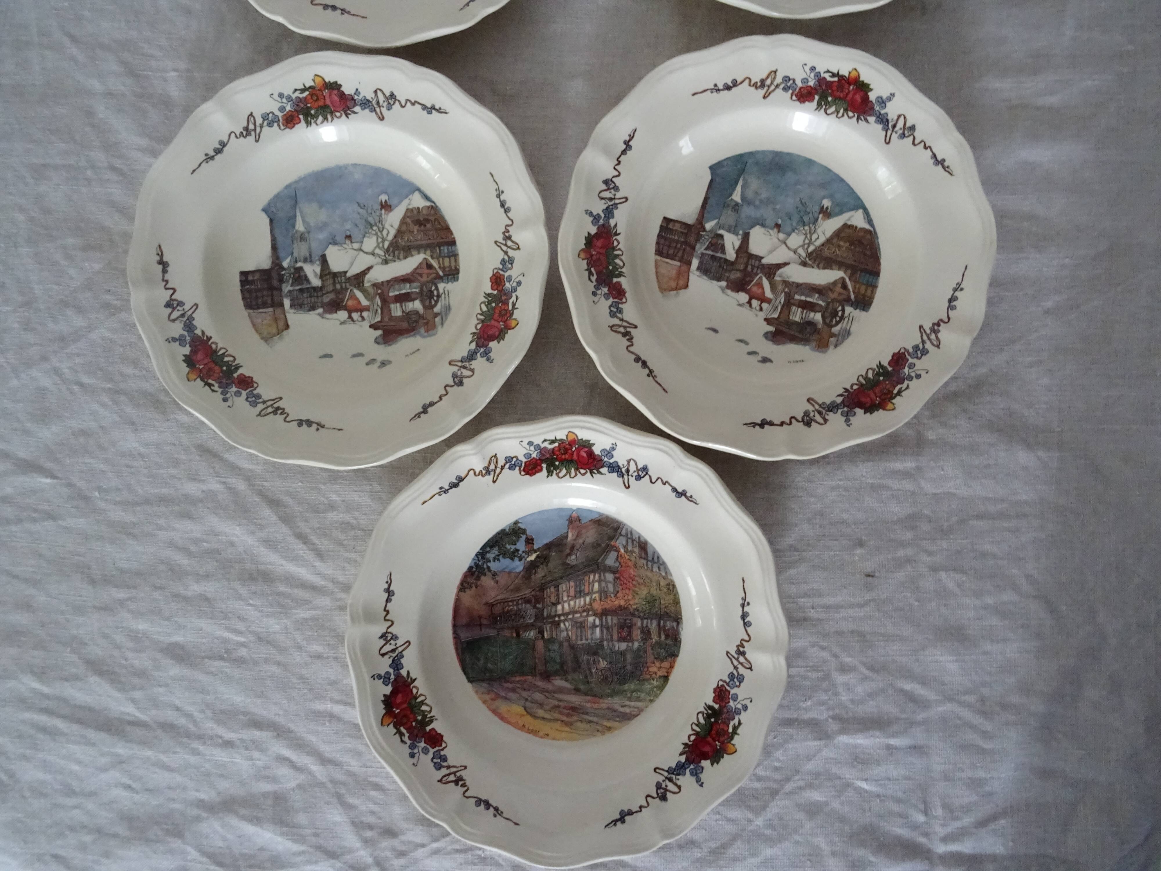 5 hollow plates H.Loux Sarreguemines Obernai
