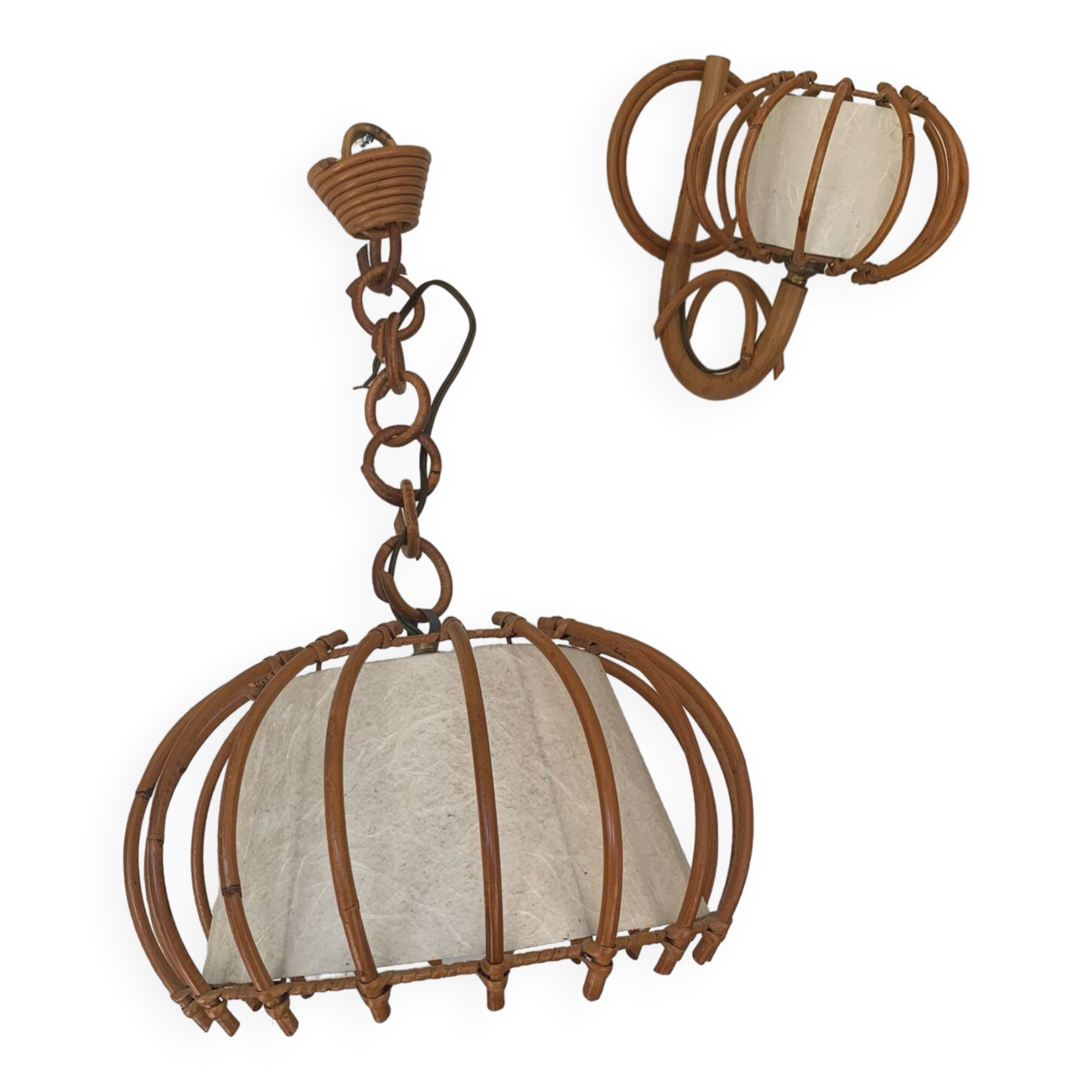 ▪️Lot Suspension And Wall Lamp Wicker Louis Sognot 50-60's Bohemian Chic Vintage