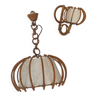 ▪️Lot Suspension And Wall Lamp Wicker Louis Sognot 50-60's Bohemian Chic Vintage