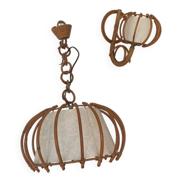 ▪️Lot Suspension And Wall Lamp Wicker Louis Sognot 50-60's Bohemian Chic Vintage