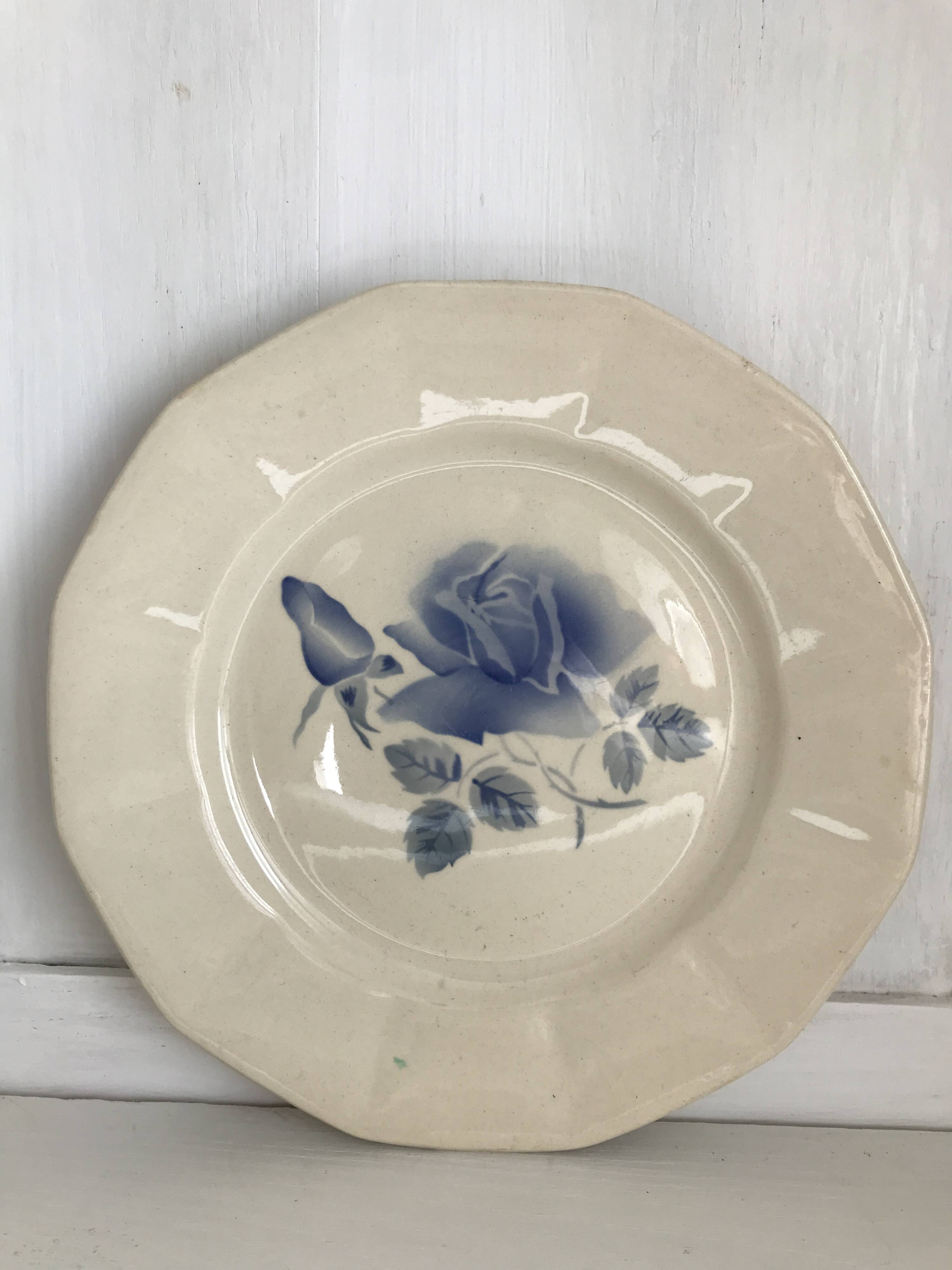 Set of 11 Digoin flat plates, blue rose patterns