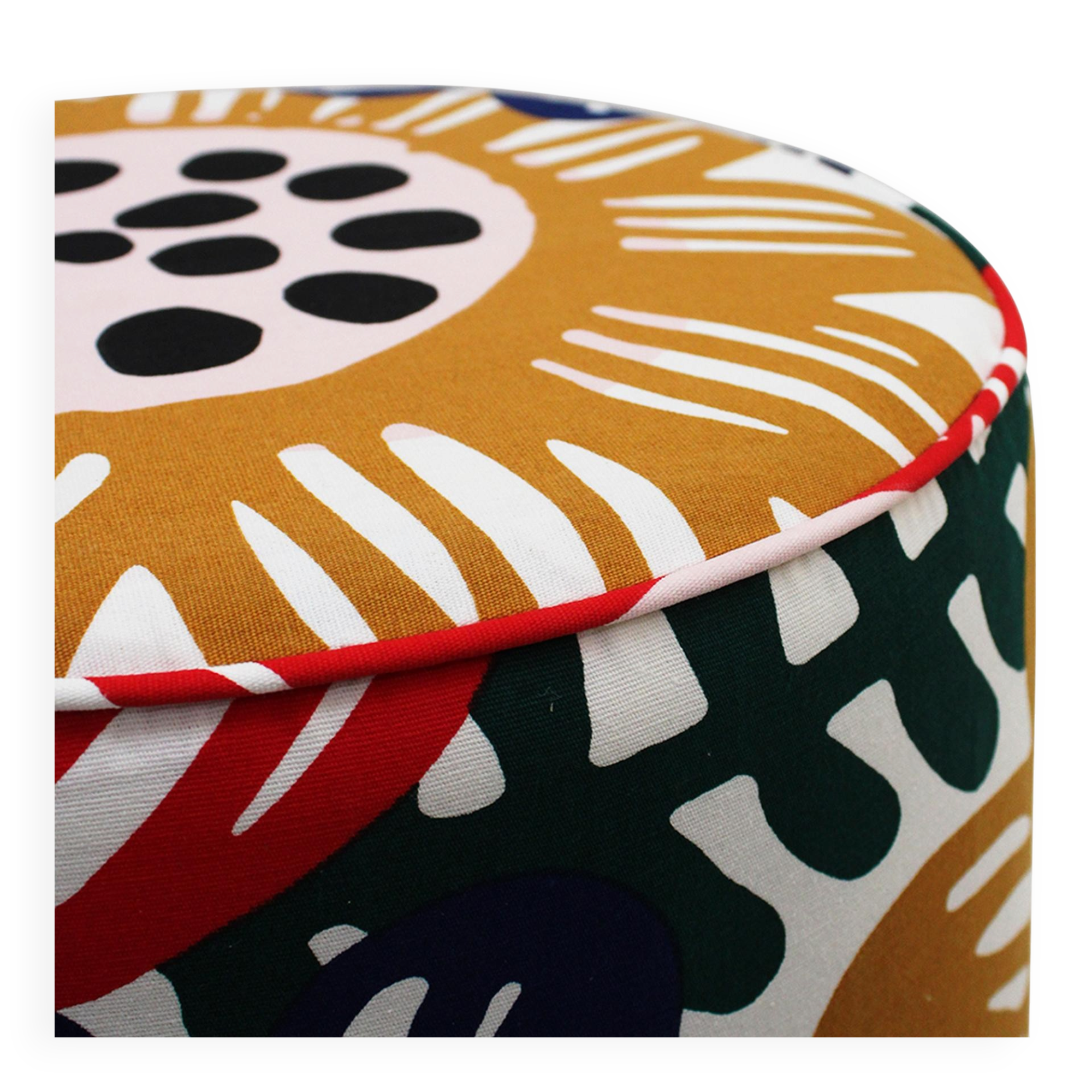 Contemporary Multicolour Floral-patterned Fabric and Brass Italian Circular Pouf