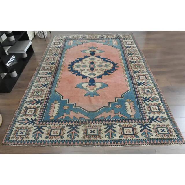 1970s Turkish Oushak Handmade Wool Cotton Pink Blue Area Rug 196x286