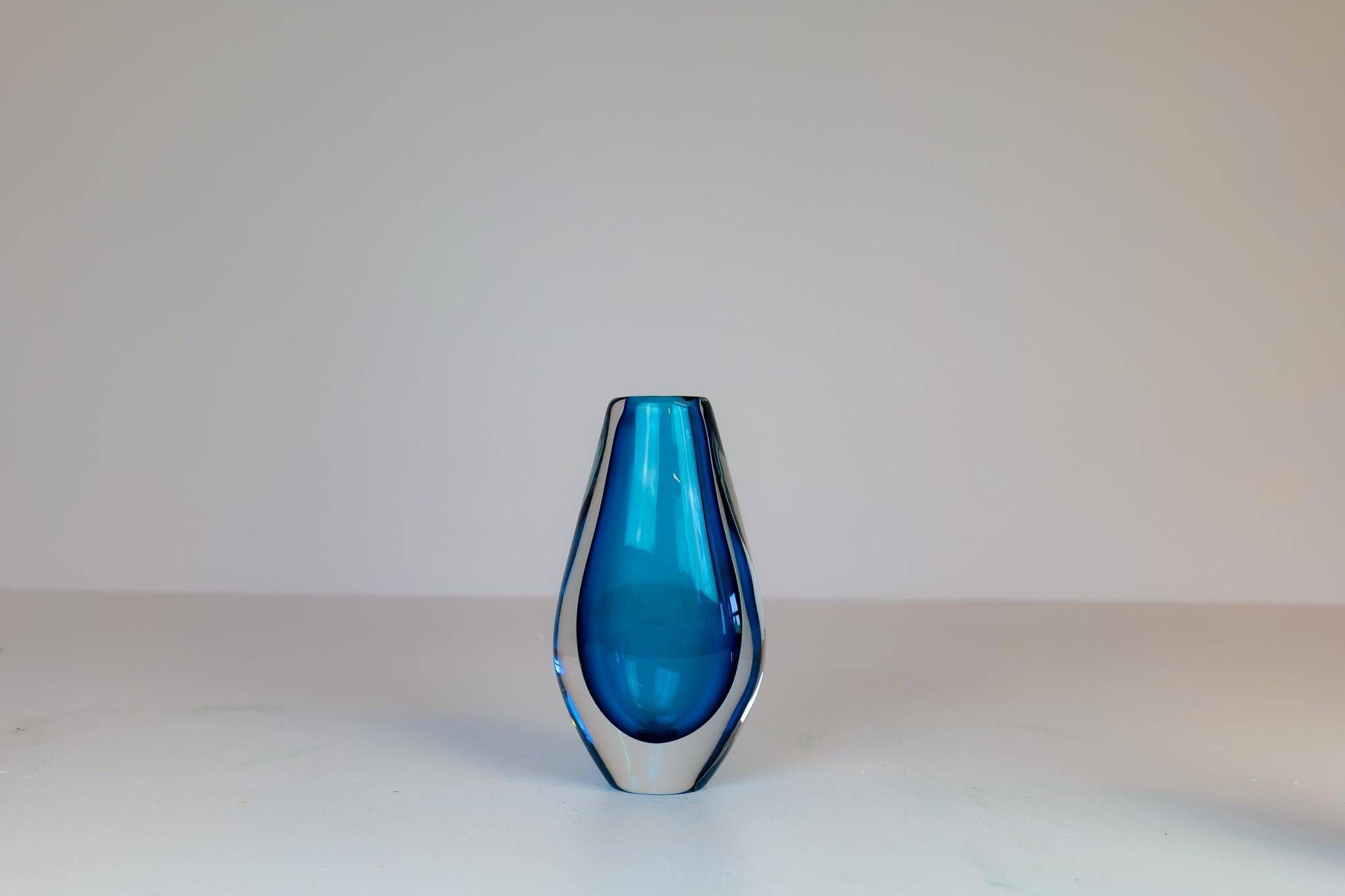 Pair of heavy crystal vases by Orrefors Mid-Century Modern by Sven Palmqvist, light blue.