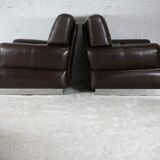 Pair of armchairs brown leather base stainless steel, France, circa 1970