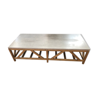 Coffee table in natural oak and top in blue stone of Flamant