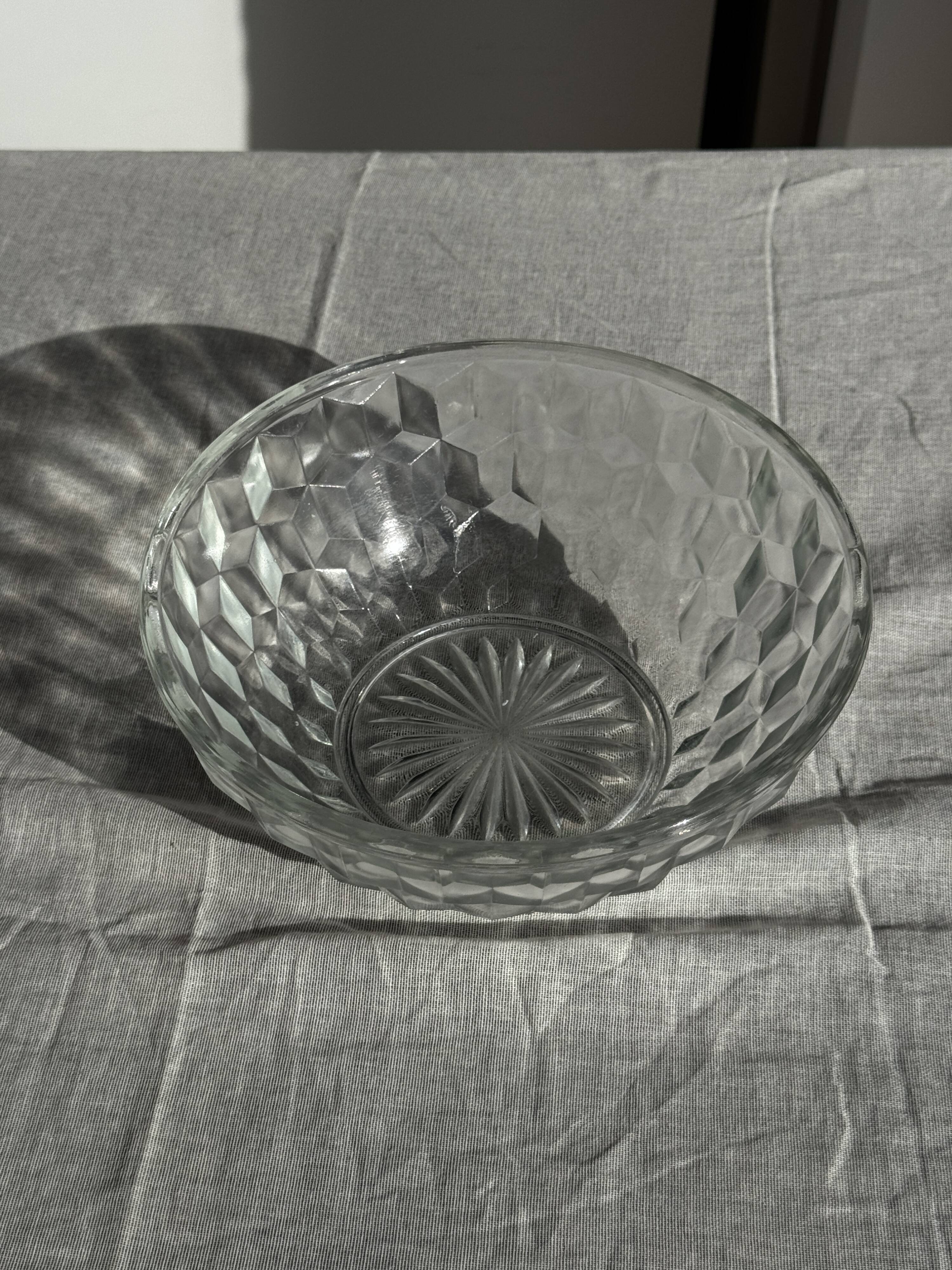 Small vintage glass bowl with a cube pattern.