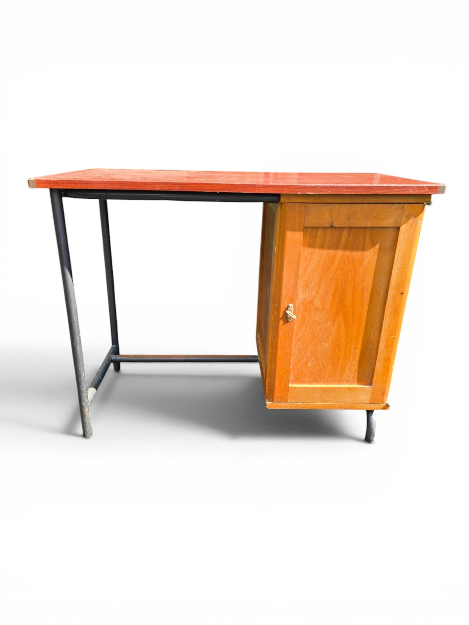 Vintage 1950s desk in red Formica, wood and metal.