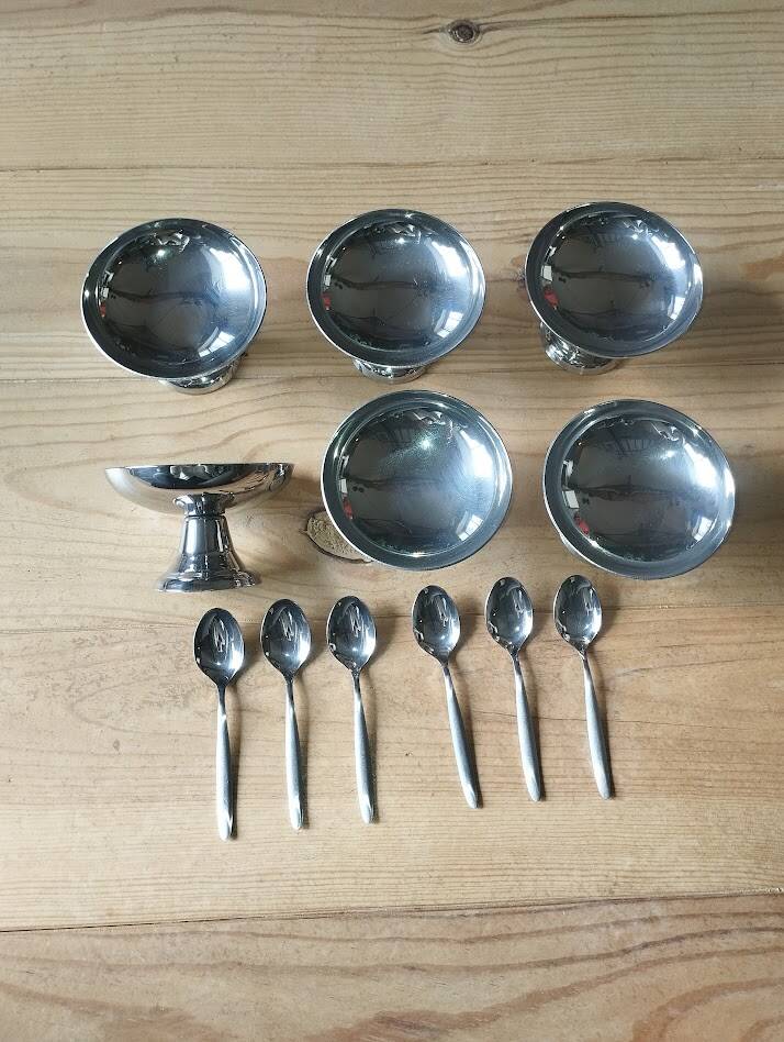 Vintage ice cream or dessert service in stainless steel