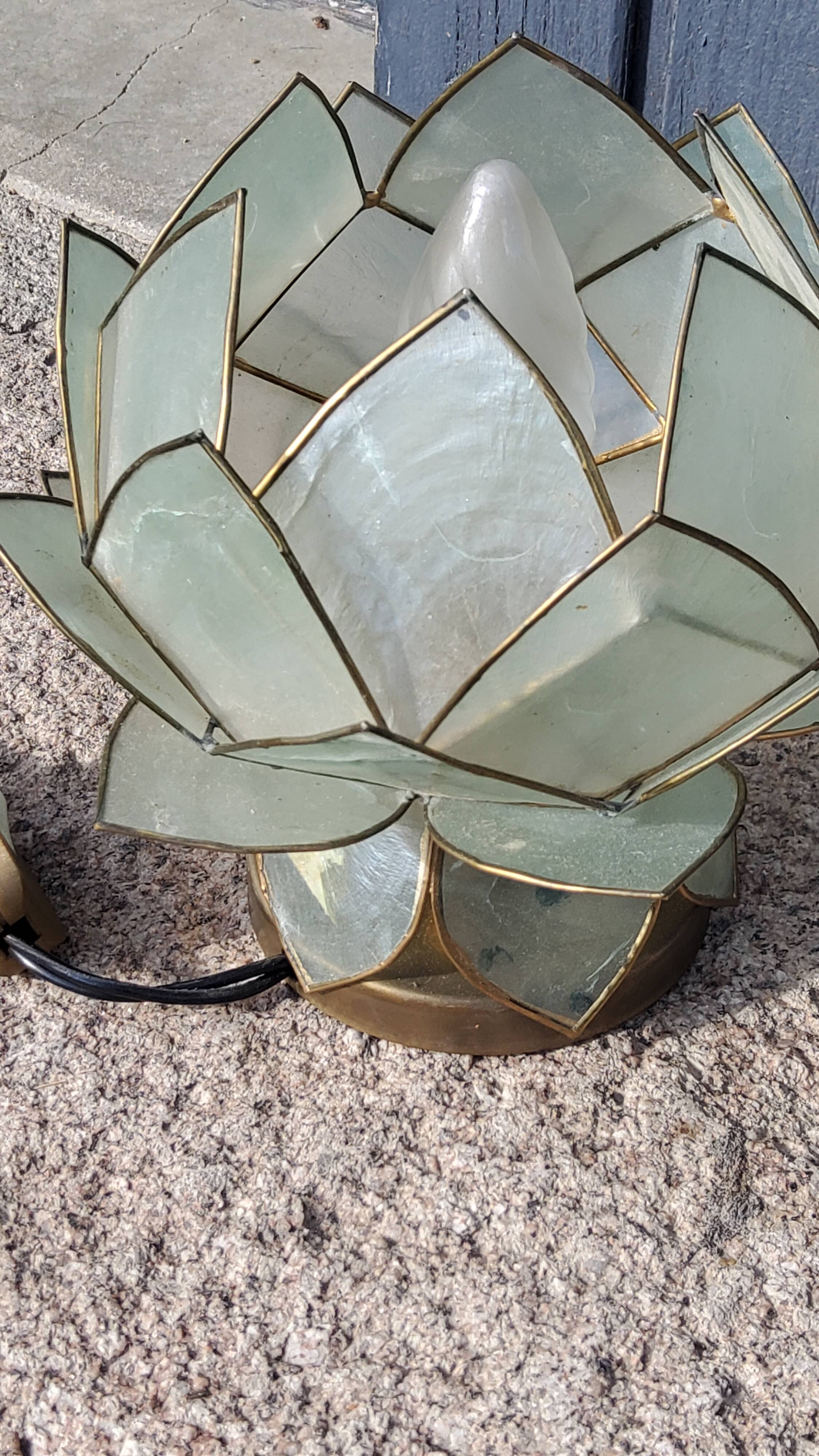 Pair of designer table lamps in turquoise blue green capiz mother-of-pearl from the 70s
