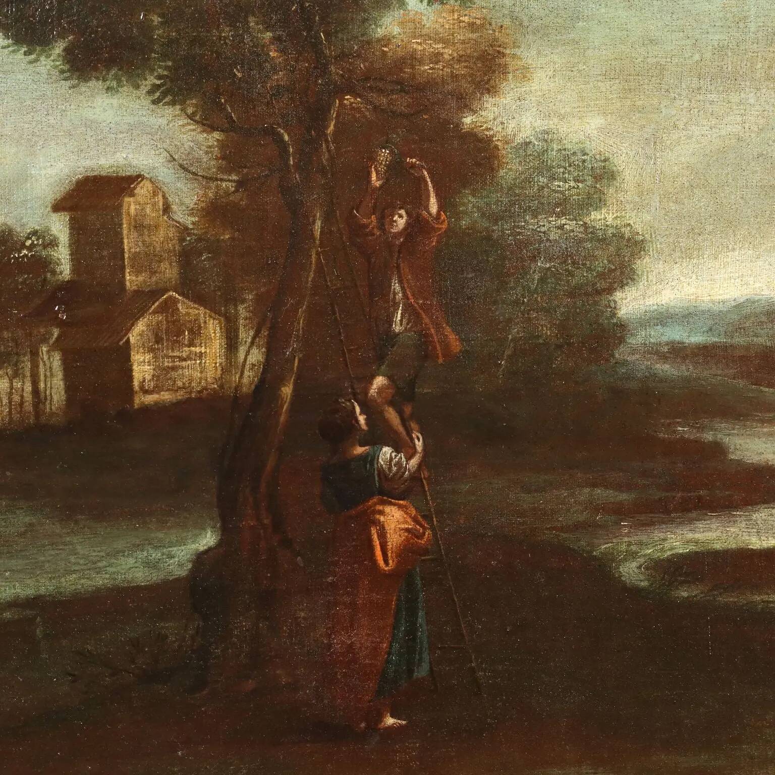 Ancient painting from the 1700s, landscape with figures, oil on canvas, styled frame.