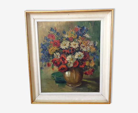 Tableau d'un bouquet de fleurs sauvages, nature morte, signé, XXe siècle