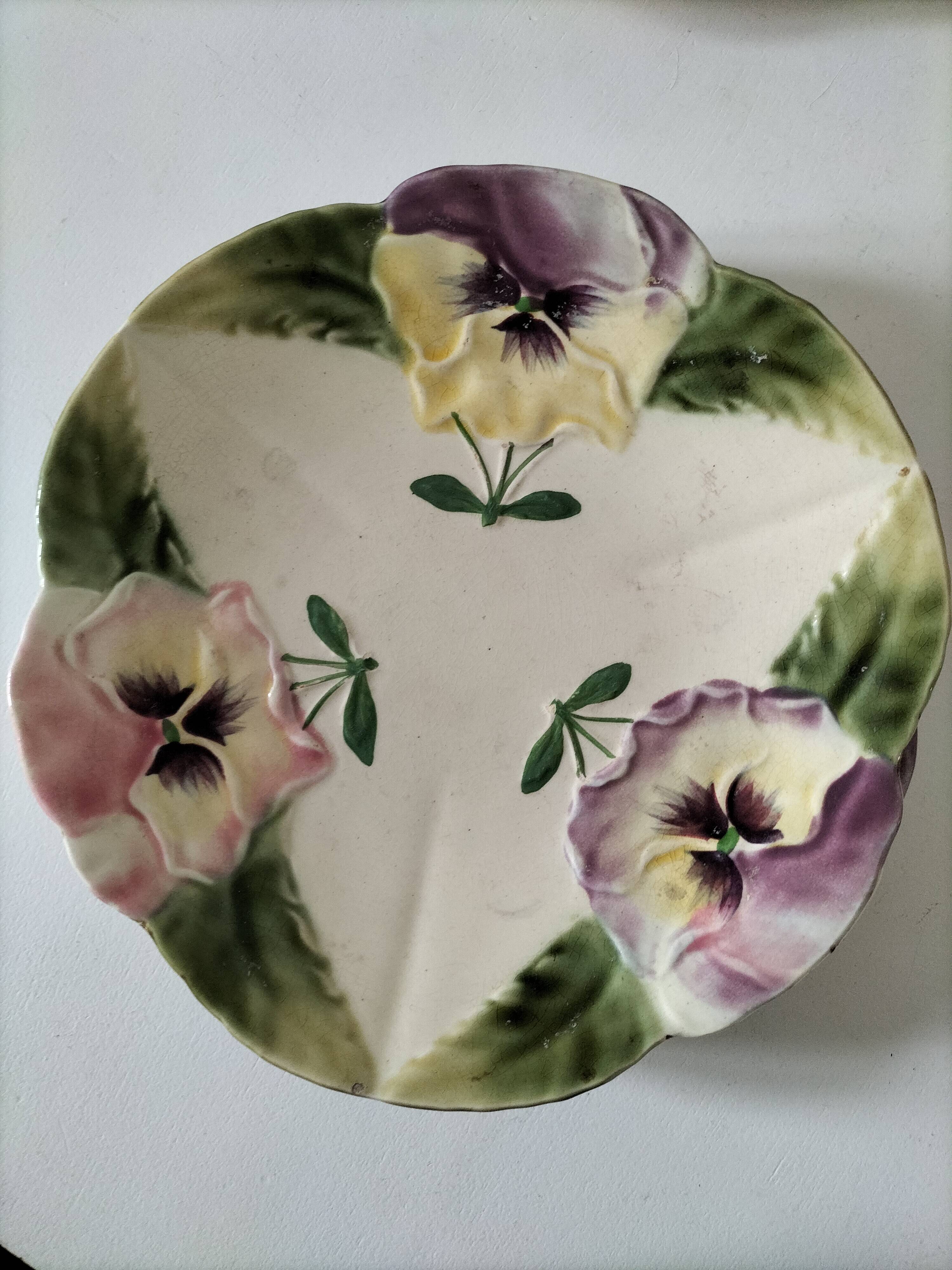 4 barbotine plates with pansies H. Boulenger Choisy-le-Roi