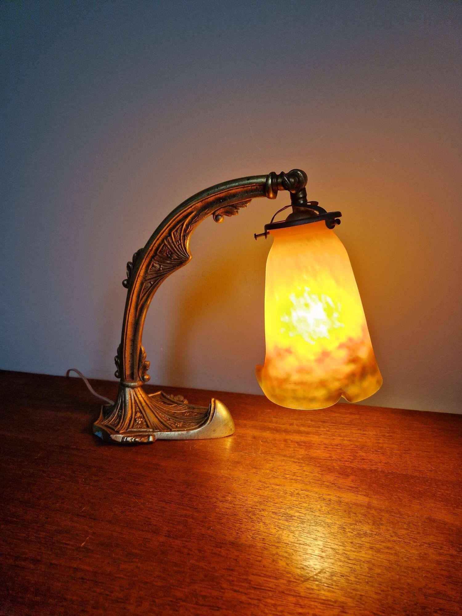 Art Deco bronze and marbled glass desk lamp, Muller brothers, 1920