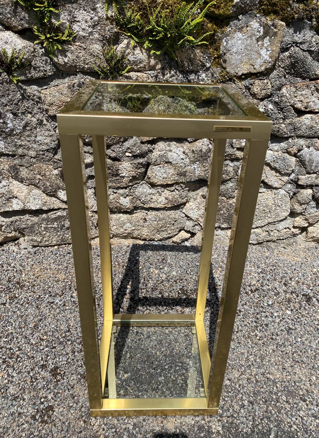 Vintage 1980s square gold metal end table/shelving by pierre vandel, 2 pieces
