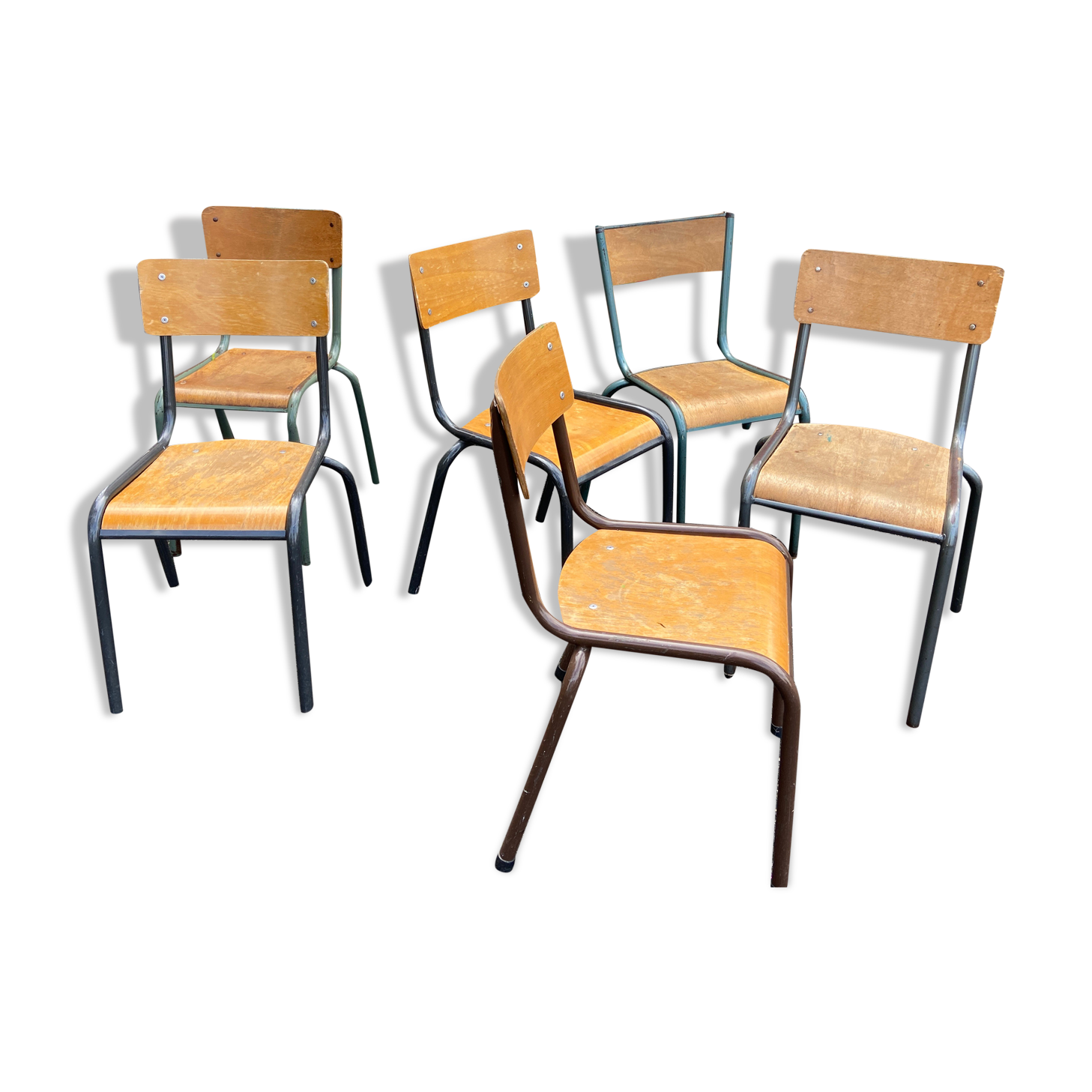 Set of 15 vintage mismatched mullca delagrave school chairs