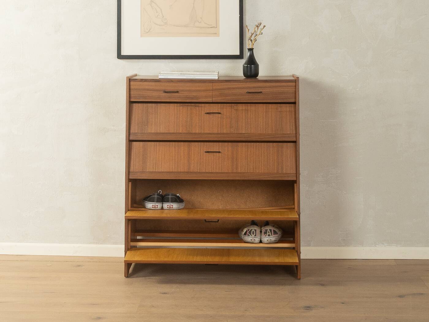 Classic shoe cabinet from the 1960s, walnut veneer, four drop-down doors, two drawers
