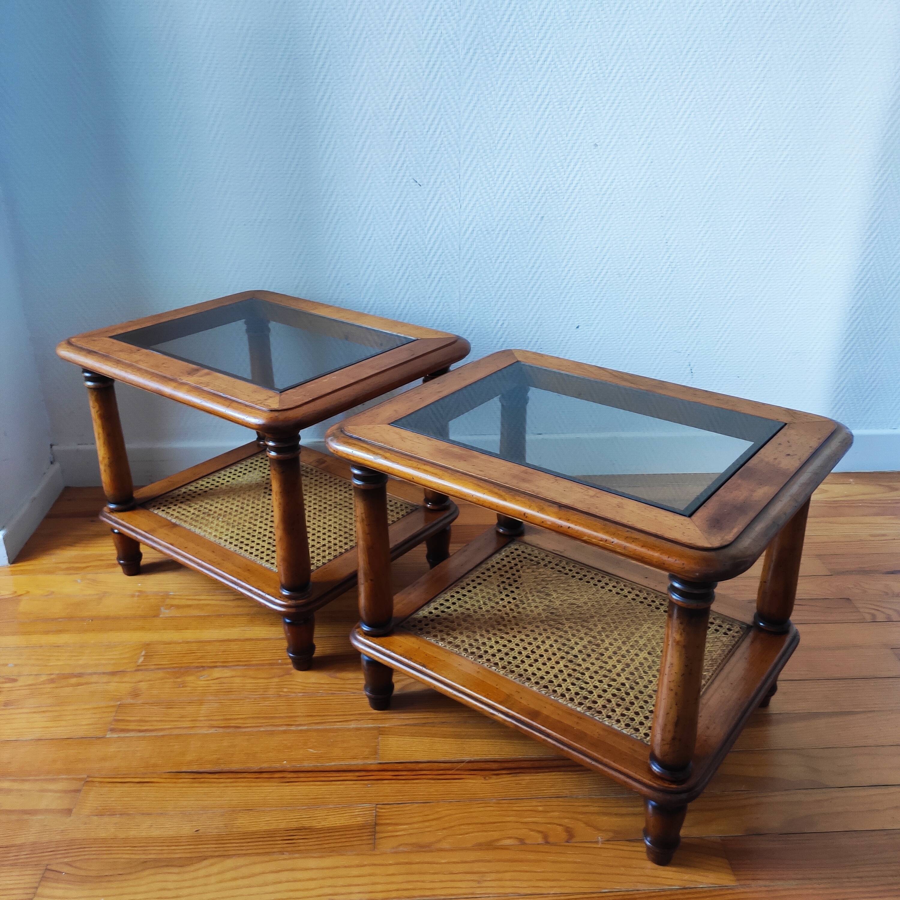 Pair of wooden and cane sofa ends