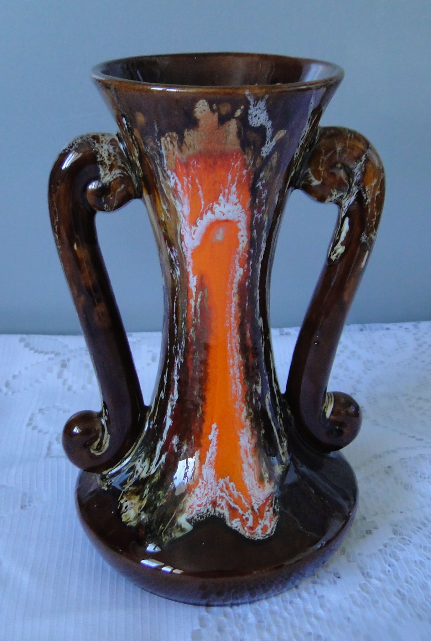 Vase lyre decor jaspé orange marron blanc n°320vintage