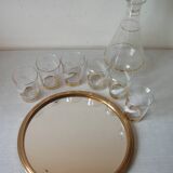 Old glass carafe liquor service with gilding vintage ice mirror tray