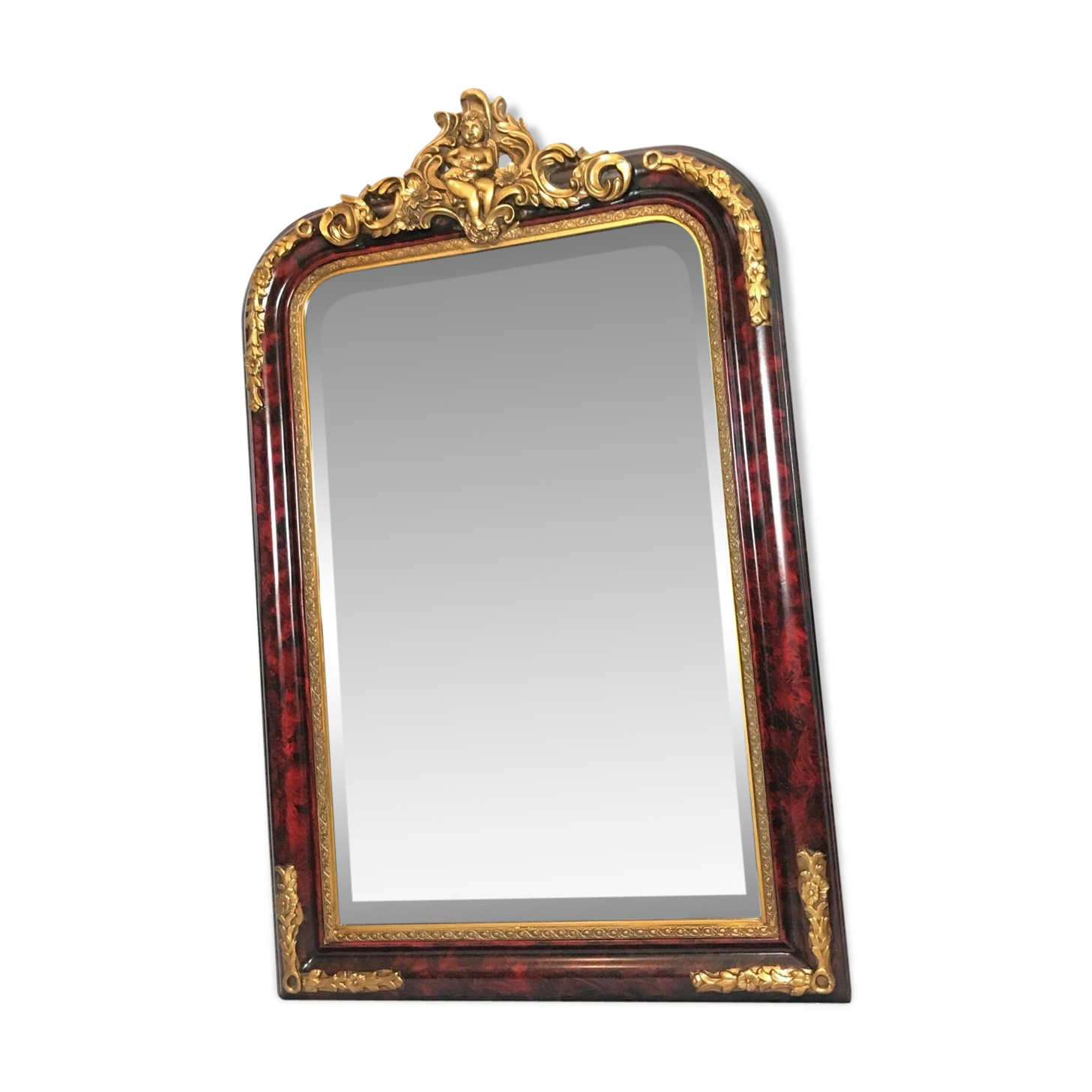 French Boulle Style Gilt Cherub Acanthus Pier Bevelled Wall Mirror Selency