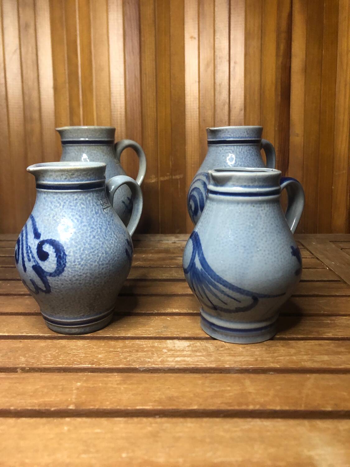 Set of 4 blue ceramic pitchers 25 & 50cl vintage
