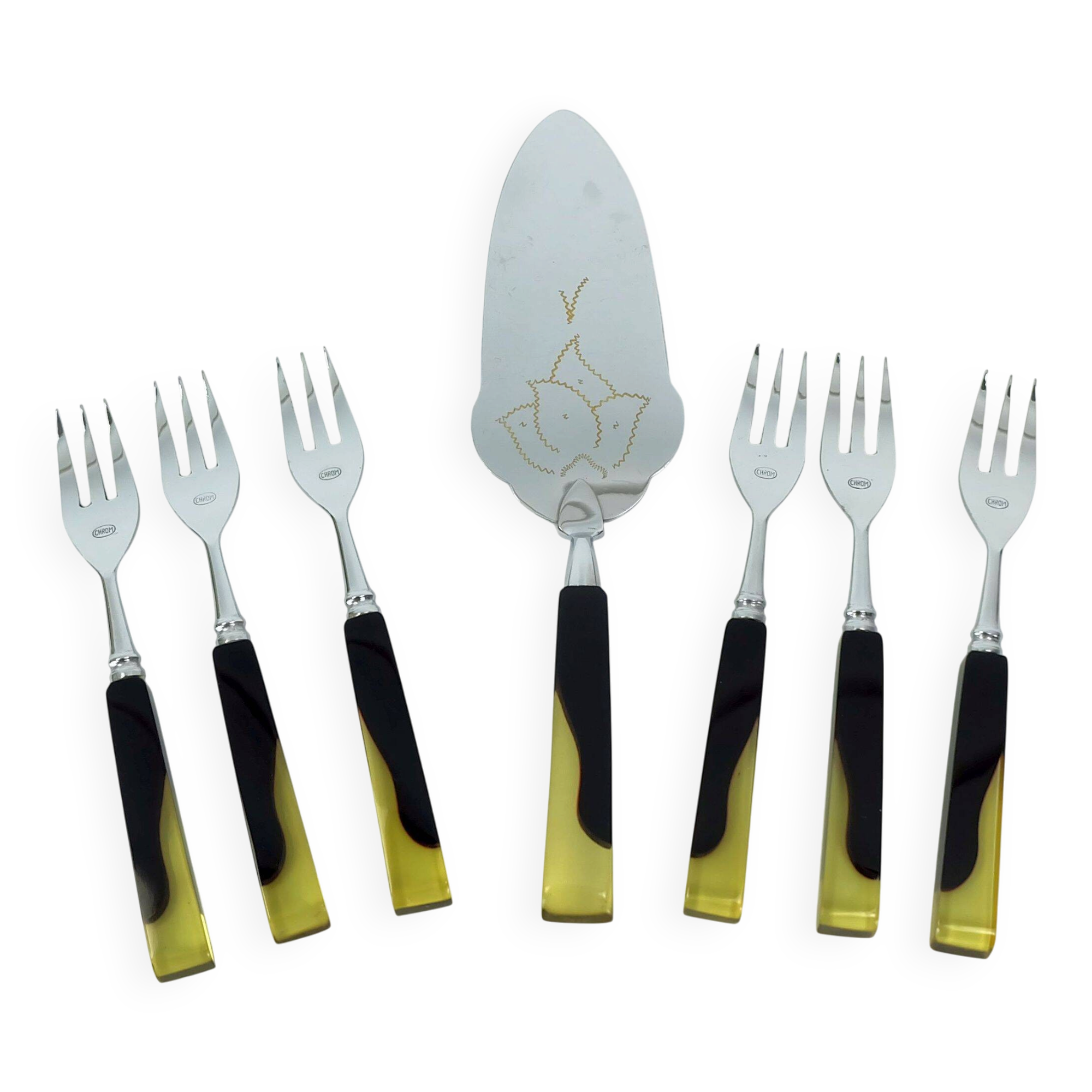 Art déco cake lifter and 6 cake forks black bakelite and lucite cake set