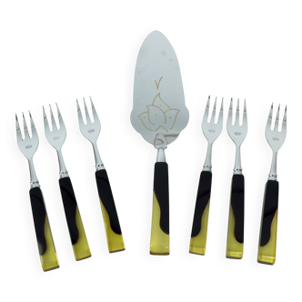 Art déco cake lifter and 6 cake forks black bakelite and lucite cake set