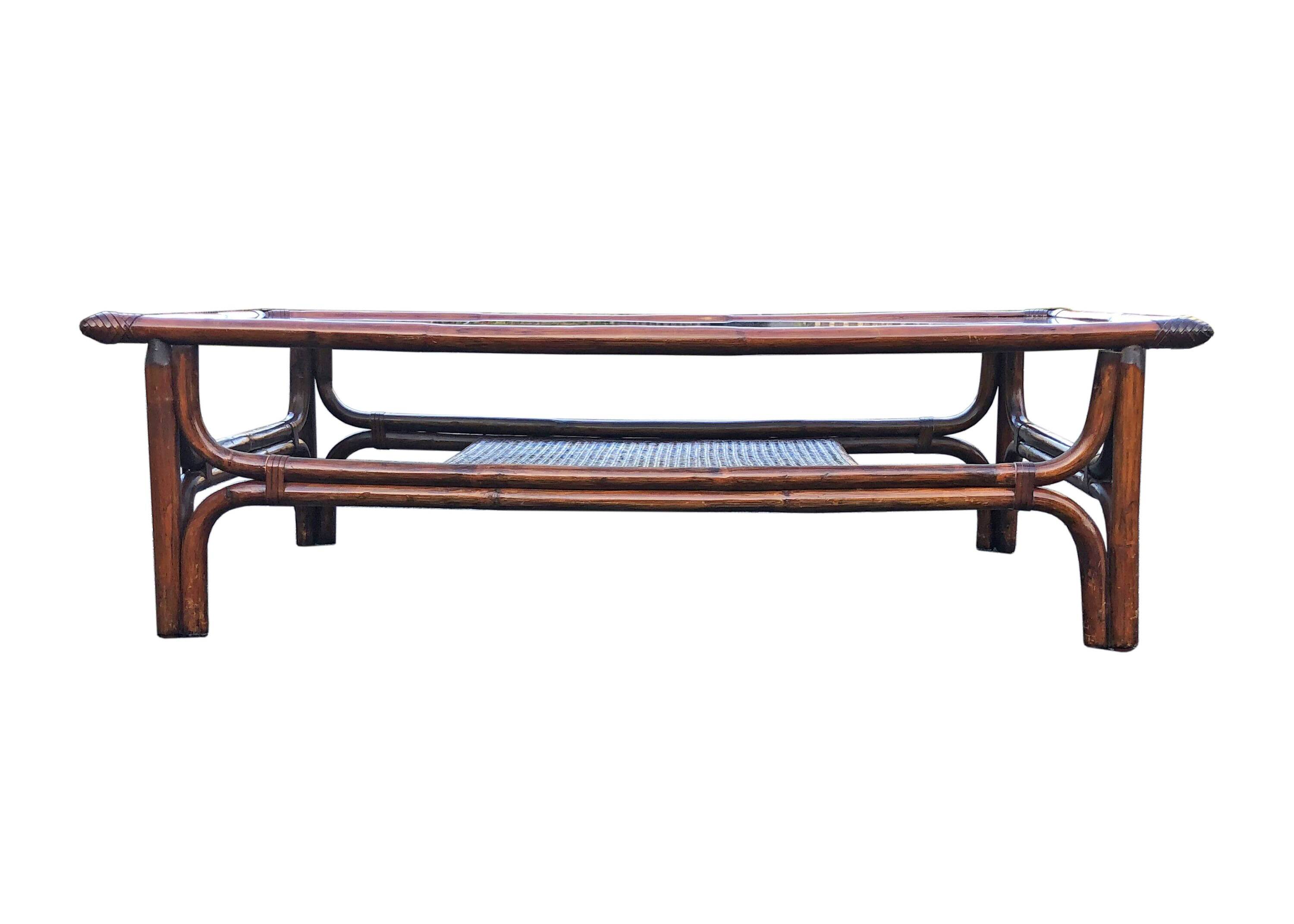 Large vintage rattan and smoked glass coffee table, 1970s