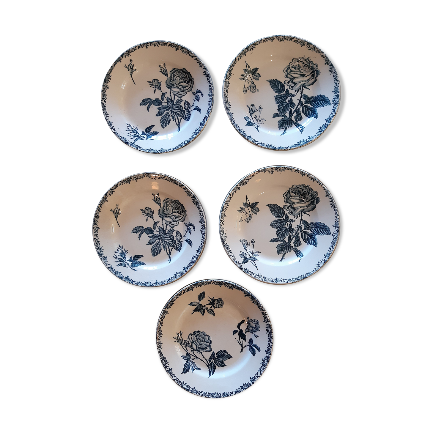 5 flat plates with Blue Rose Decorations. iron earth