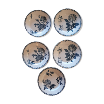 5 flat plates with Blue Rose Decorations. iron earth