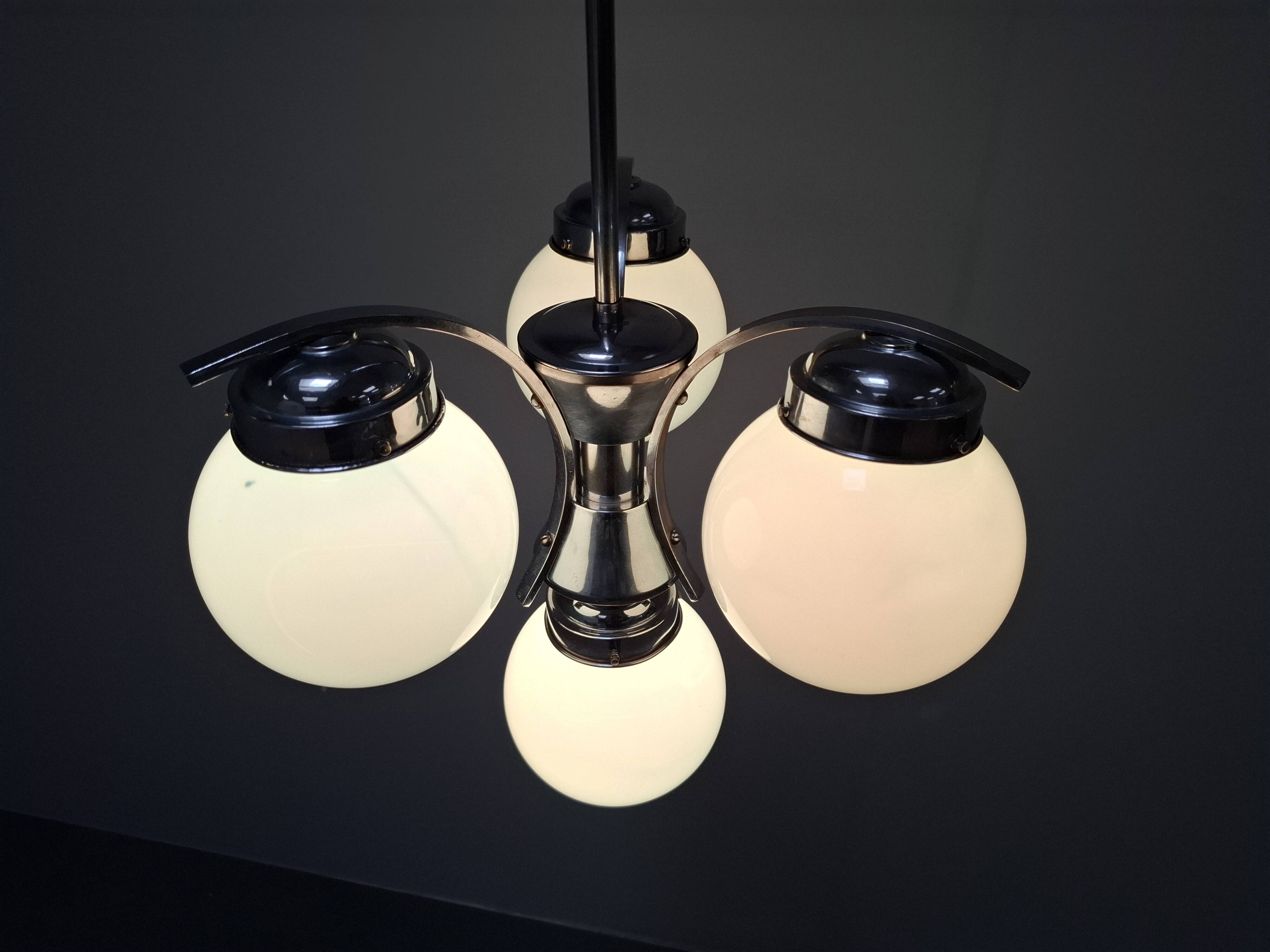 1930s Czech Art Deco Blue Opaline Glass and Chrome Four-Light Chandelier