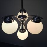 1930s Czech Art Deco Blue Opaline Glass and Chrome Four-Light Chandelier