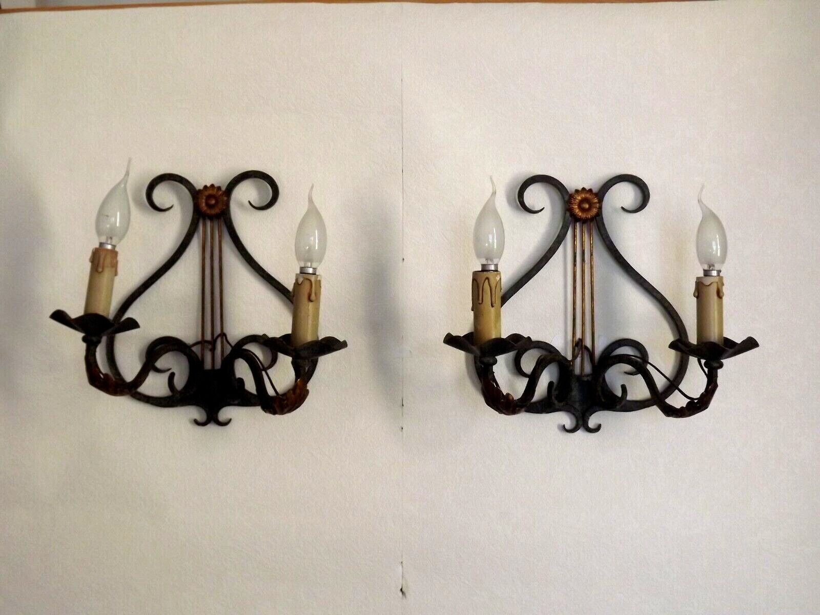 Pair of old antique French double lyre shape green wrought iron wall sconces