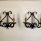 Pair of old antique French double lyre shape green wrought iron wall sconces