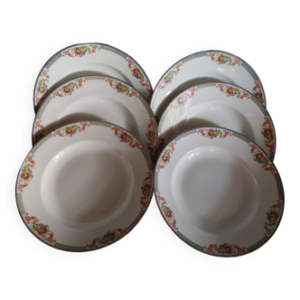 6 Assiettes creuses en porcelaine de Limoges  frise  Panier  fleuris et fruits - debut 20 ème