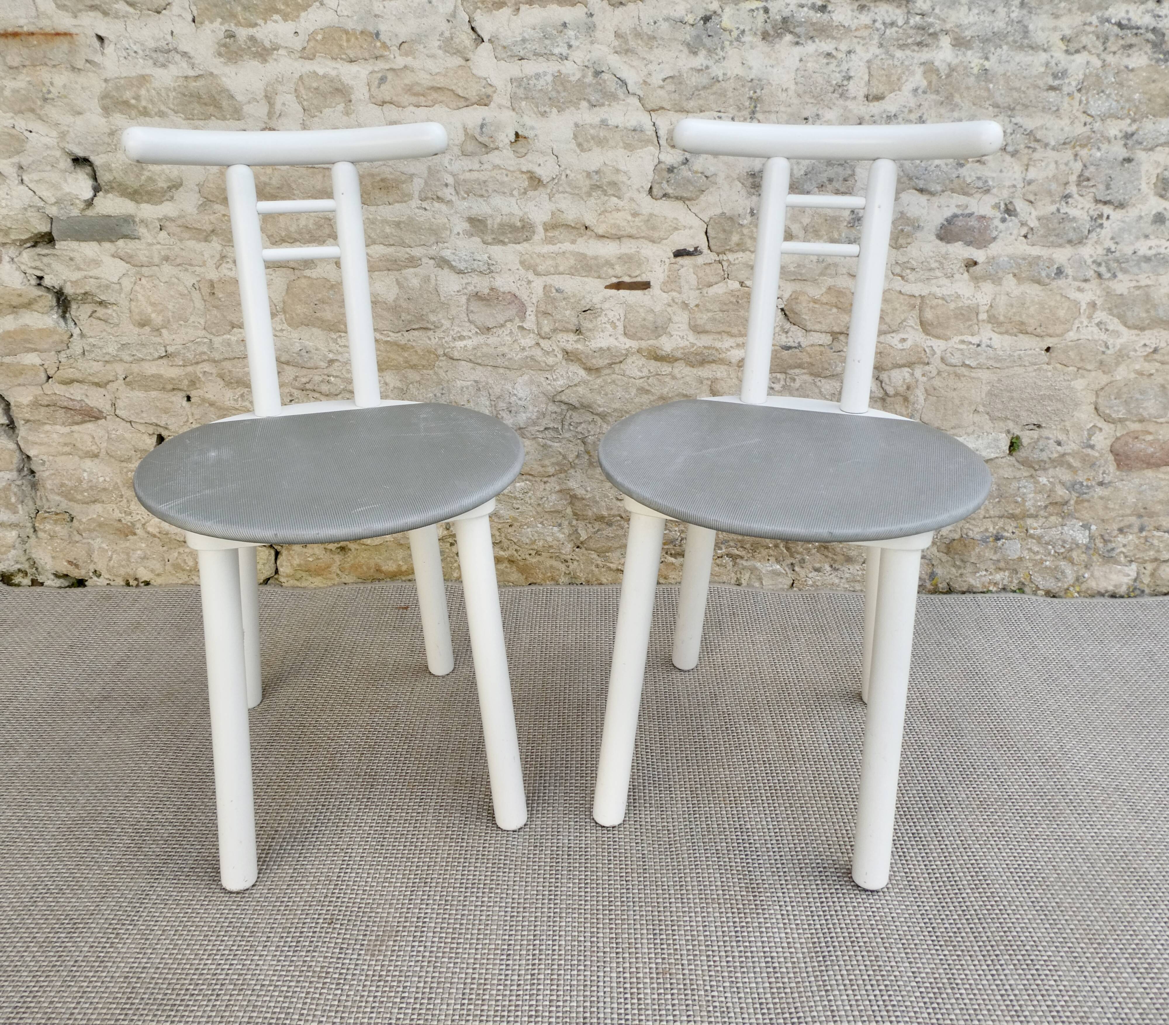 Pair of wooden and Skaï chairs from the 80s, Italy