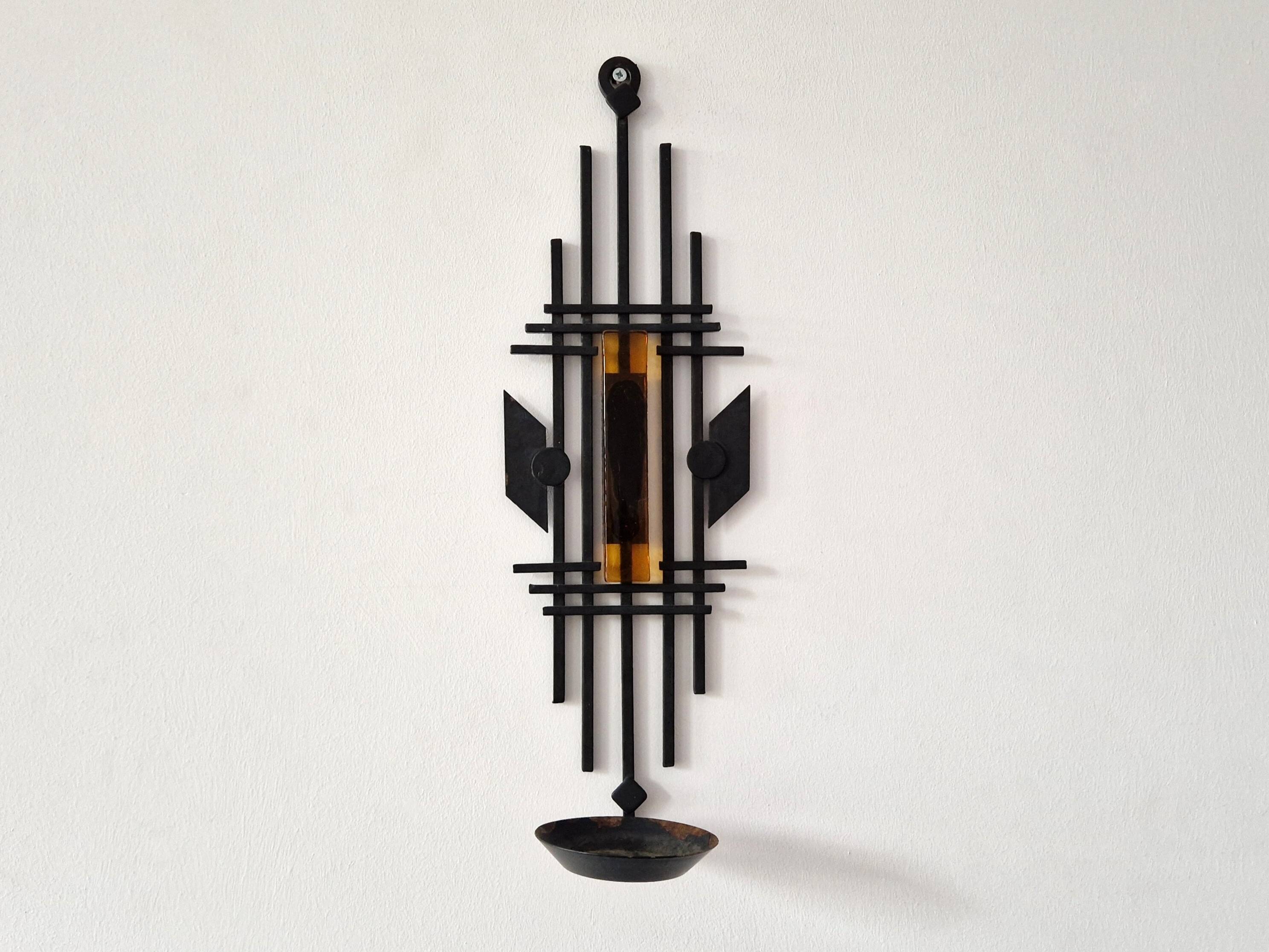 Sculptural Iron and orange glass wall candle holder for Dantoft, Denmark 1960's/1970's